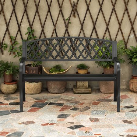 Gardenised Gardenised Black Outdoor Garden Patio Steel Park Bench Lawn Decor with Cast Iron Back Seating bench, with Backrest and Armrest for Yard, Patio, Garden, Balcony, and Deck QI004258